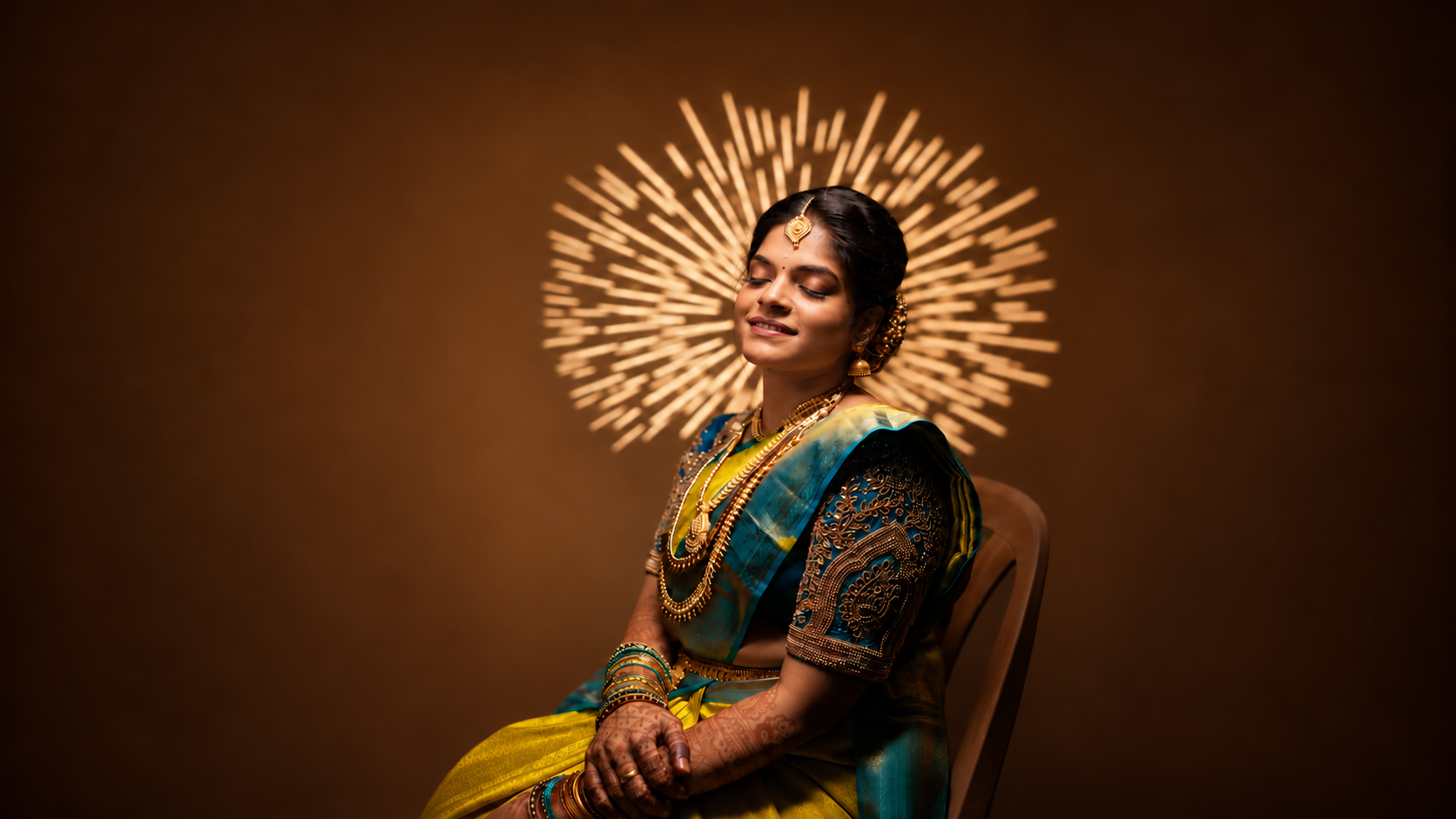 Bride in a green sari beneath a decorative golden light