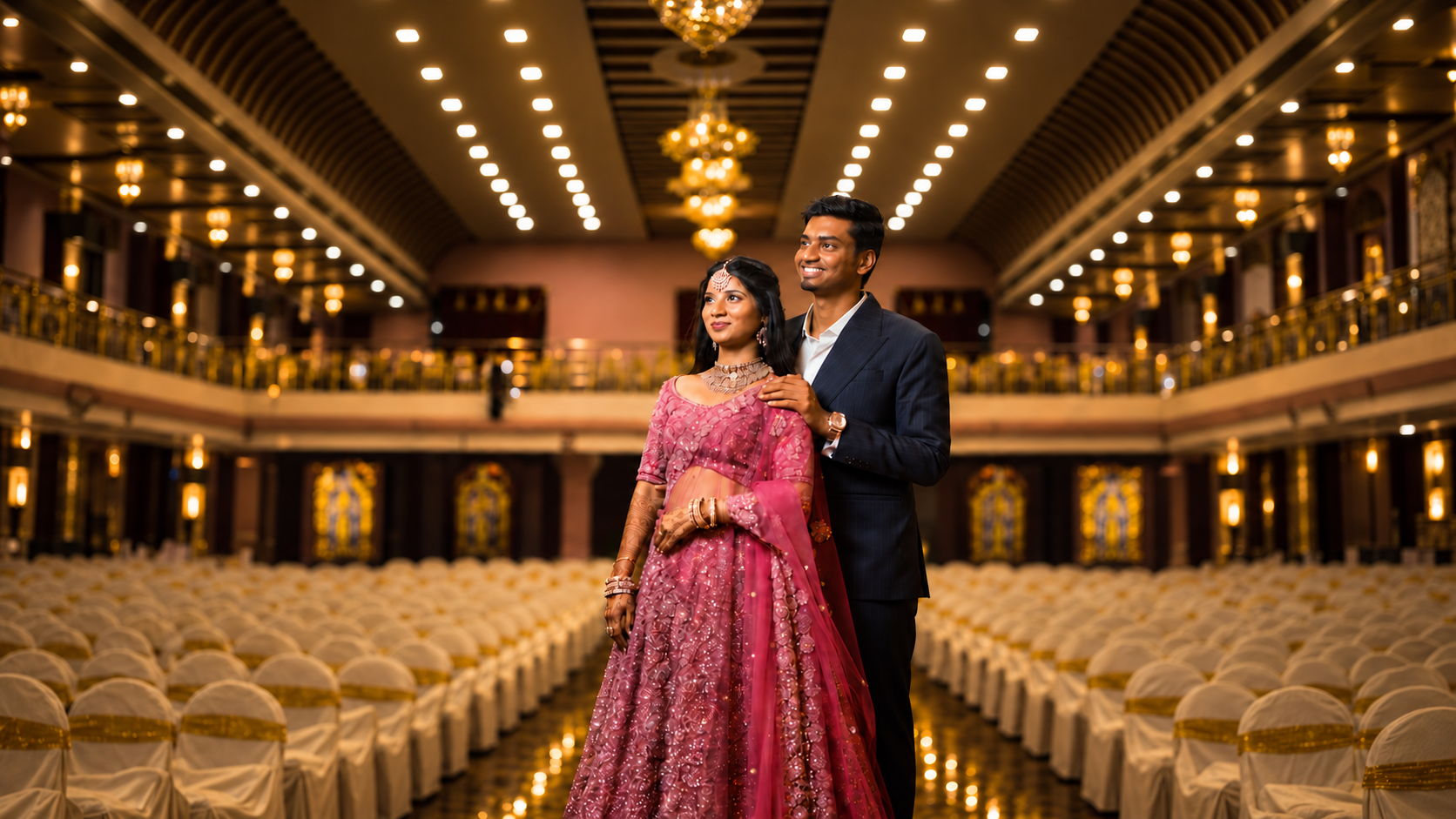 Couple at a warmly lit reception venue