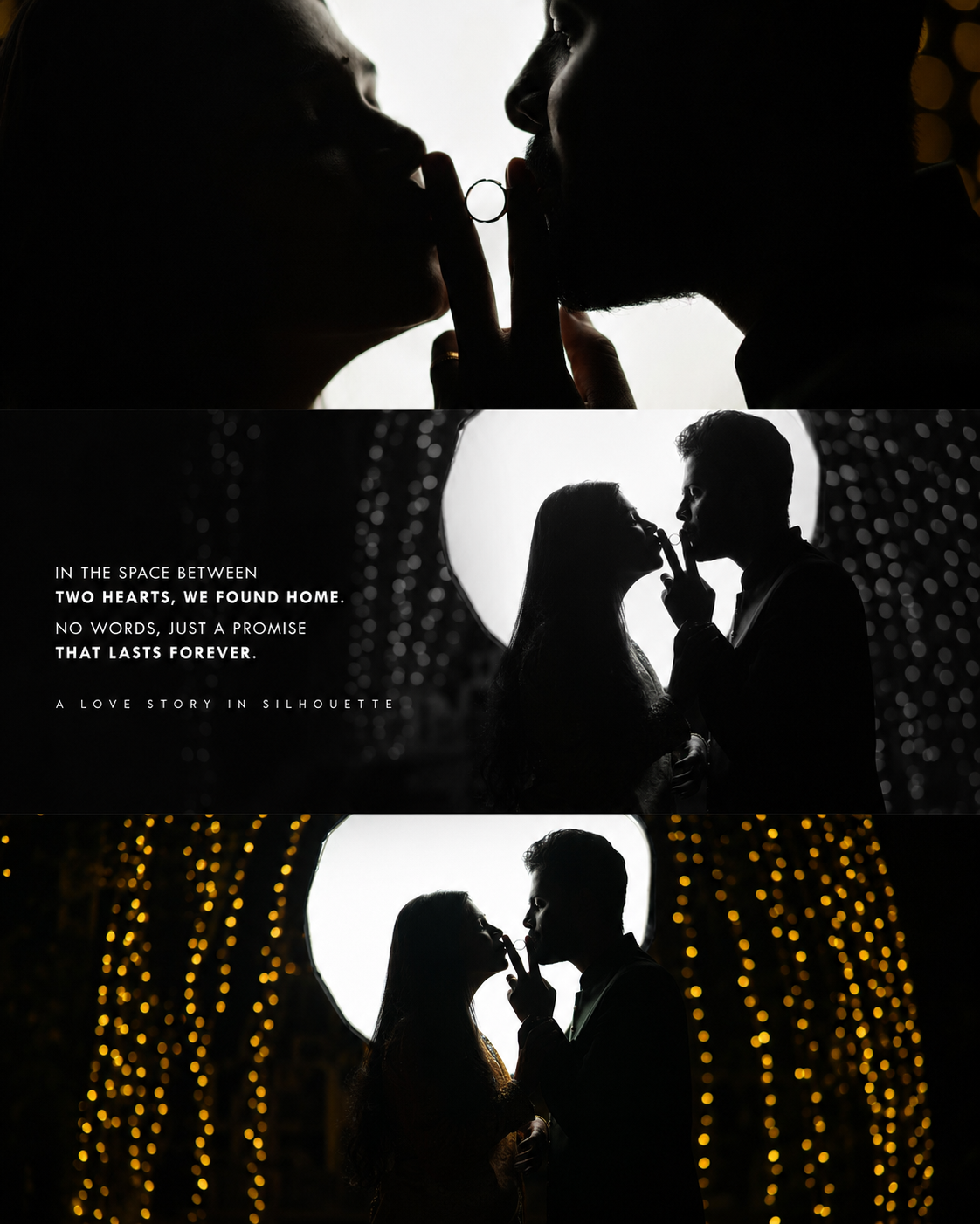 A couple holding a ring between them, photographed in silhouette against a bright circular light